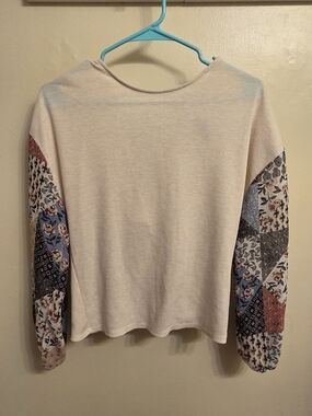 ALYA Cottagecore Patchwork Floral Sleeve Twist Back Waffle Knit Top XXS XS S USA